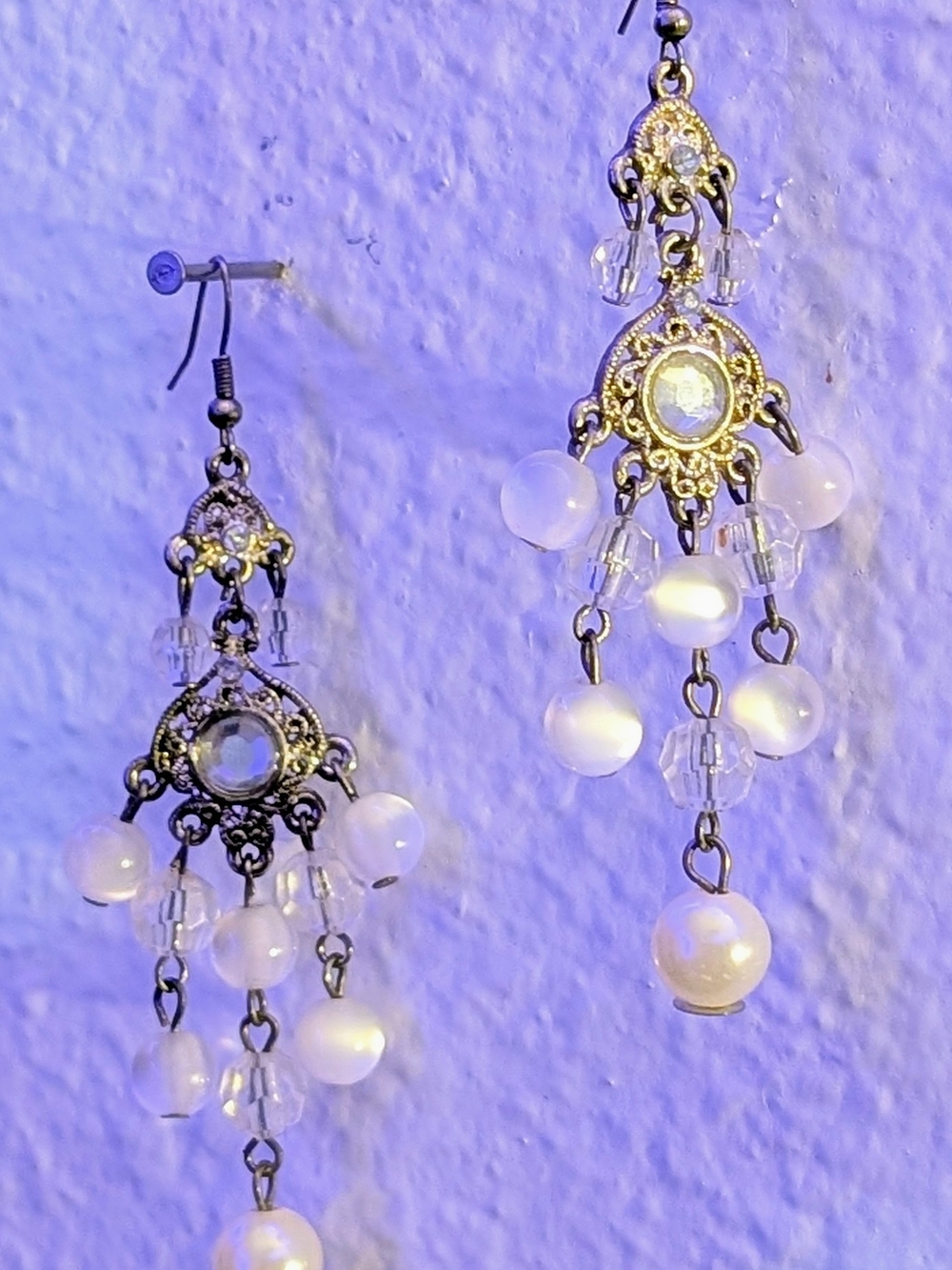 Victorian Revival Silver Tone Chandelier Earrings with Faux Pearls And Crystals